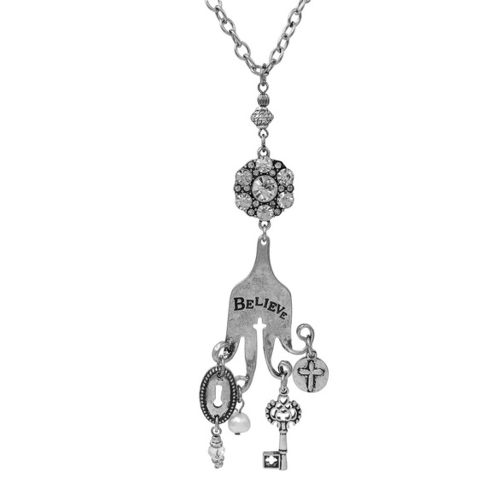 BELIEVE Bent Fork Cross Charm Long Silver Necklace